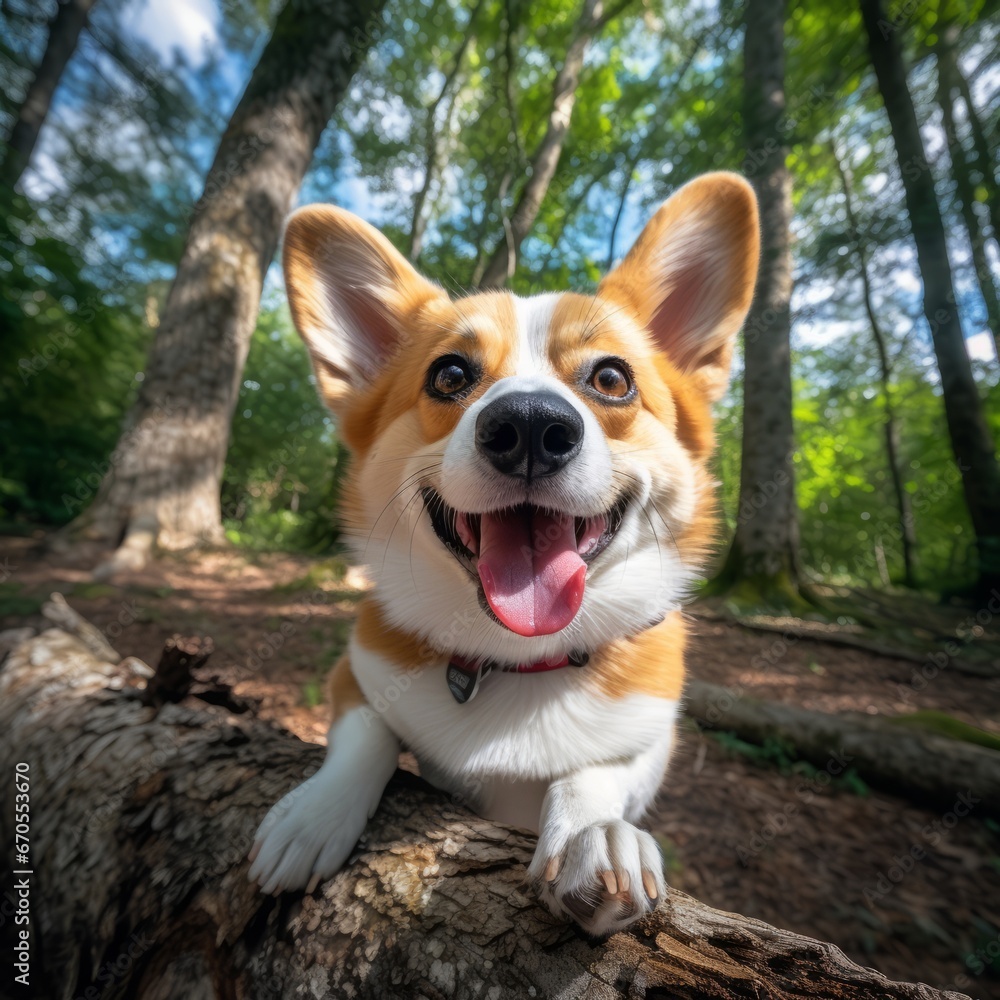 a dog standing on log in woods