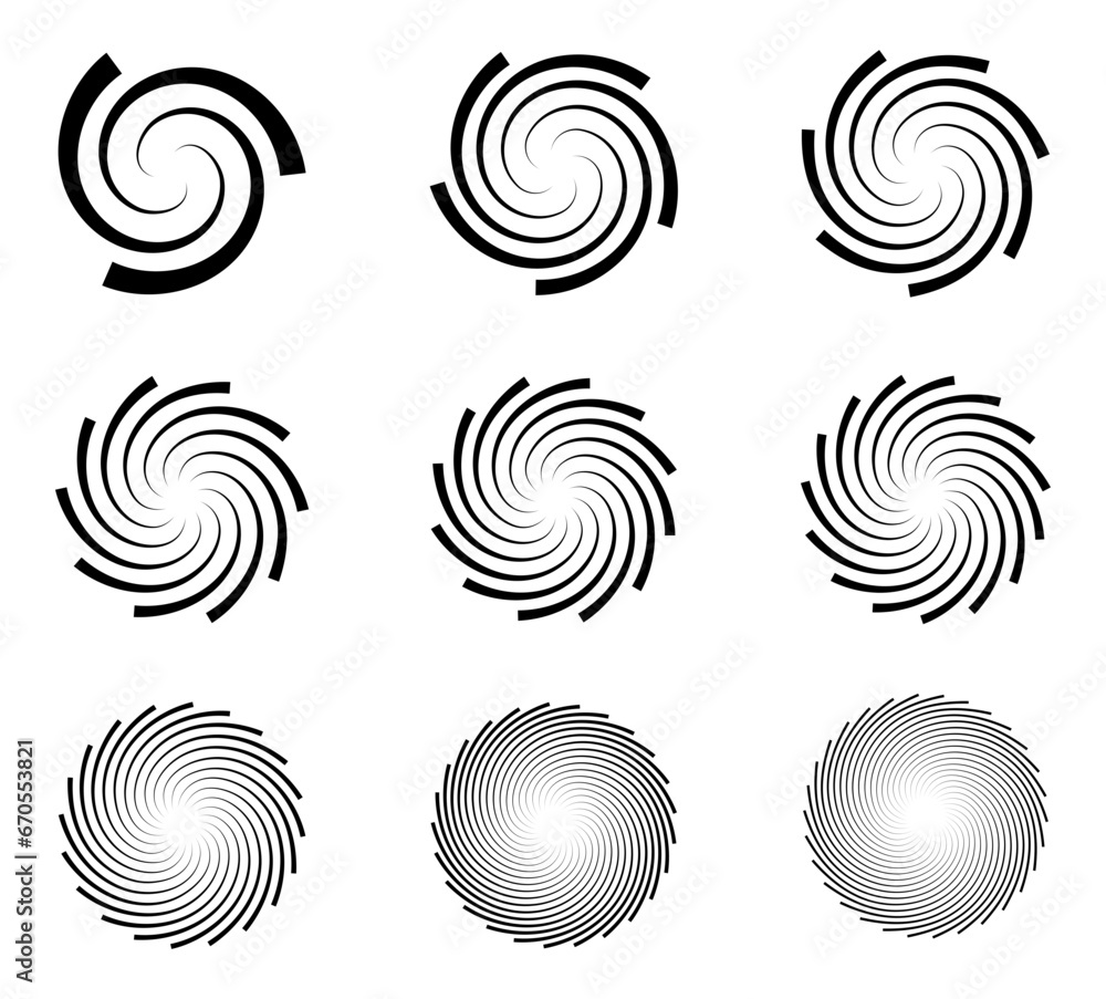 Spiral and swirl motion twisting circles design element set. Vector illustration. Spiral and swirl motion twisting circles design element set. Vector illustration.