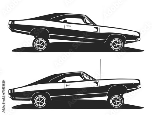 American muscle low rider car vector. Classic lowrider cars profile. Set tuning vehicle template for print t shirt or logo motor club.