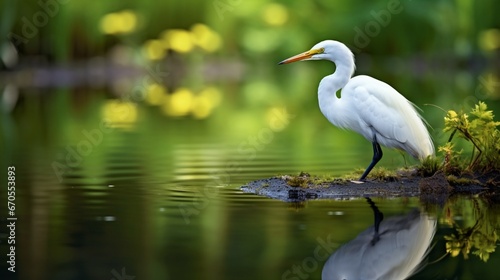 A white bird in a moment of stillness, reflecting on the surface of a clear pond. © Ahmad