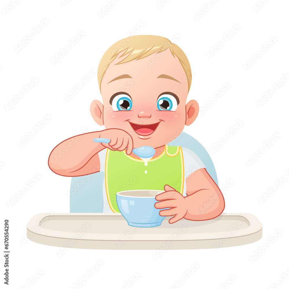 Happy baby in bib eating with spoon. Vector illustration isolated on white background. Happy baby in bib eating with spoon. Vector illustration isolated on white background.
