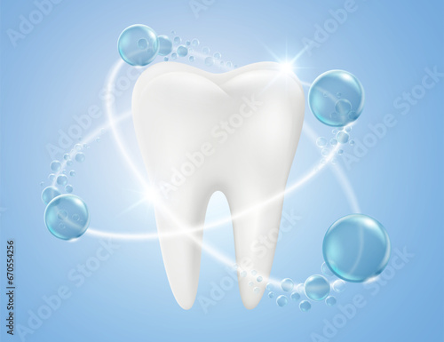 White, clean, strong teeth with fluoride, which is a salt of the element fluorine. Helps prevent tooth decay. Realistic vector illustration.