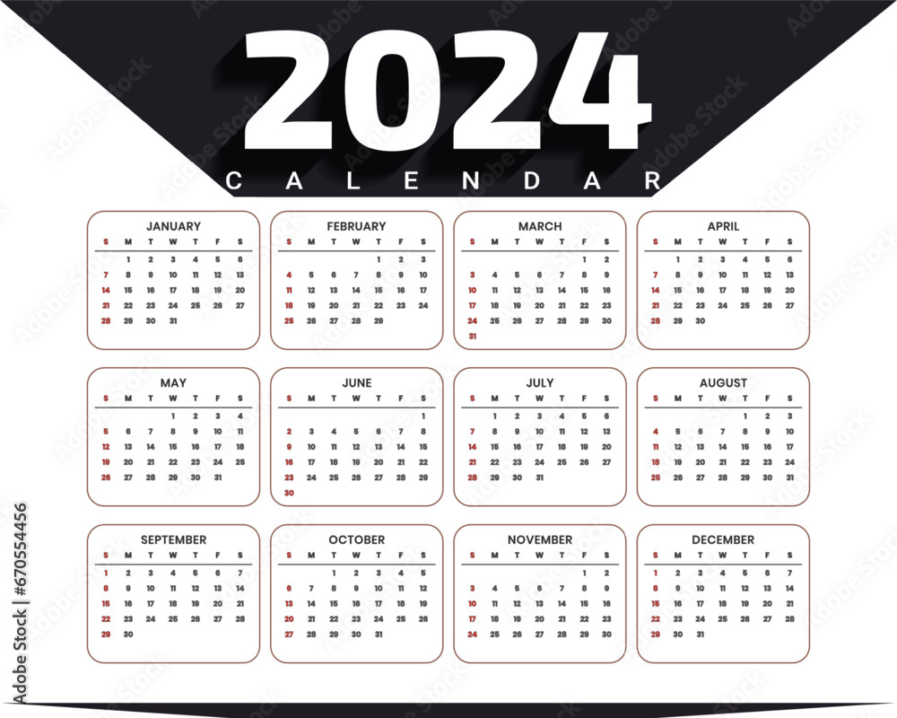 2024 Calendar template design. Week starts on Sunday pink office ...