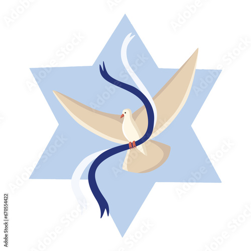 Vector flying dove of peace with blue ribbons bringing peace and support to Israel with star of David illustration. Stand with Israel