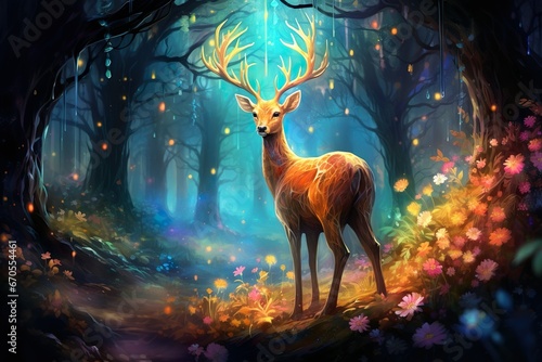 A tranquil forest at dawn with a deer in the clearing and sunrays creating a beautiful play of light and shadow © Ikhou