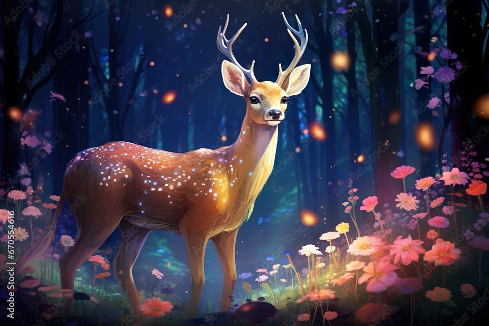 A tranquil forest at dawn with a deer in the clearing and sunrays creating a beautiful play of light and shadow A tranquil forest at dawn with a deer in the clearing and sunrays creating a beautiful play of light and shadow