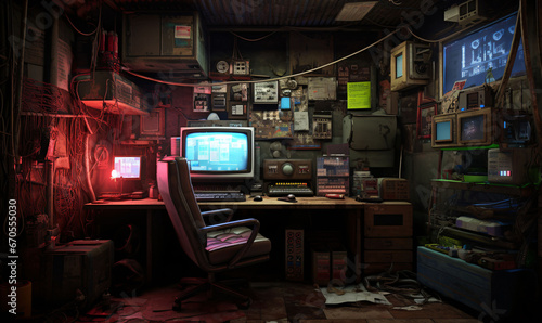 A retro room for enthusiasts and collectors of hardware and technology toys. Technical background of an IT technician or hardware developer. AI generated