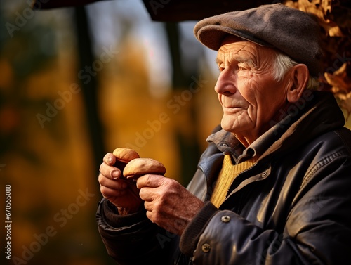 Ein alter Mann in der herbstlichen Natur hält Pilze in der Hand
