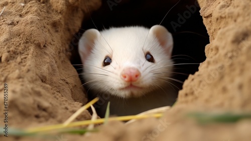 A white ferret playfully peeking out of a burrow, its whiskers twitching.