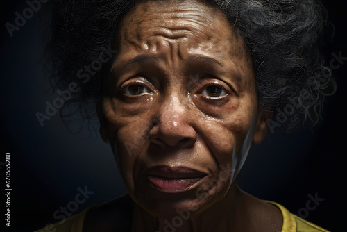 crying senior African American woman, head and shoulders portrait on black background. Neural network generated image. Not based on any actual person or scene.