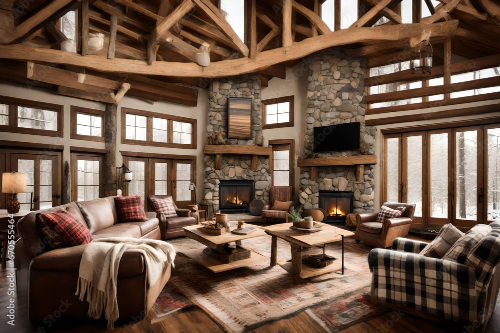 a cozy, winter cabin-inspired living room with a stone fireplace, plaid throws, and rustic decor.