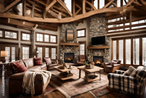 a cozy, winter cabin-inspired living room with a stone fireplace, plaid throws, and rustic decor. © Muhammad
