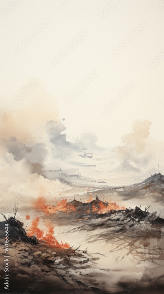 a painting of landscape with smoke and fire