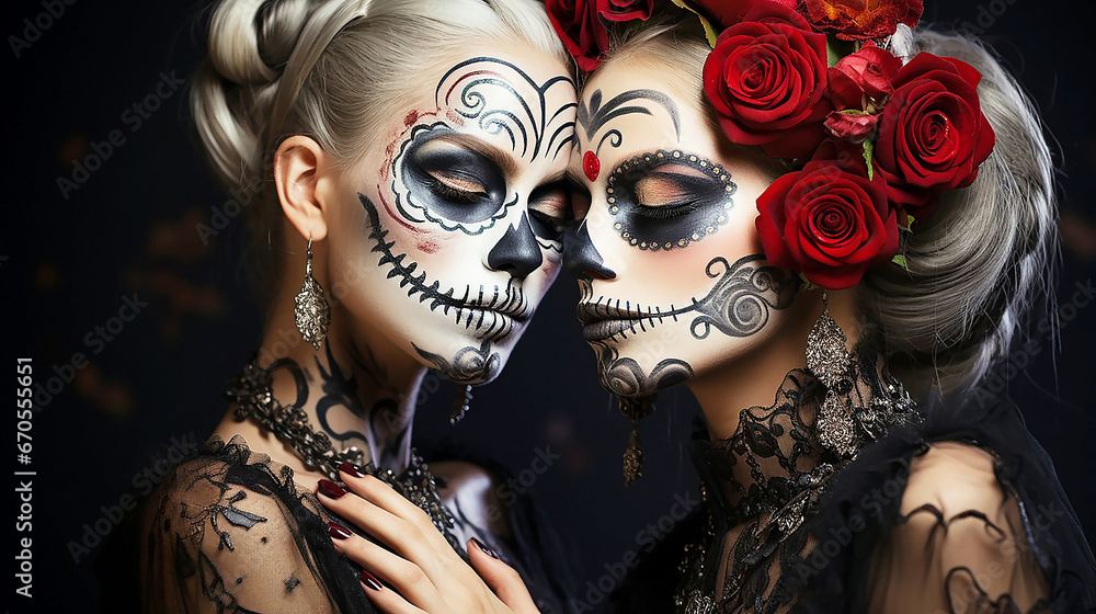 Two girls with Halloween face art on black background Two girls with Halloween face art on black background