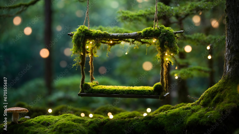 Moss fur swing on the branch newborn digital backdrop in the forest - obrazy, fototapety, plakaty 