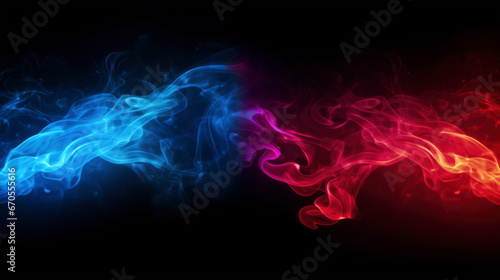Blue and pink smoke, cloud or neon flame on black background, texture