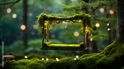 Moss fur swing on the branch newborn digital backdrop in the forest photo