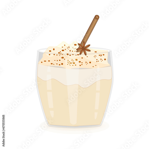 Glass of eggnog on white background. Beverage eggnog in cup with cinnamon straw and anise star.Christmas or sweet winter drink in mug.Xmas egg milk punch.New year homemade cocktail.Vector illustration