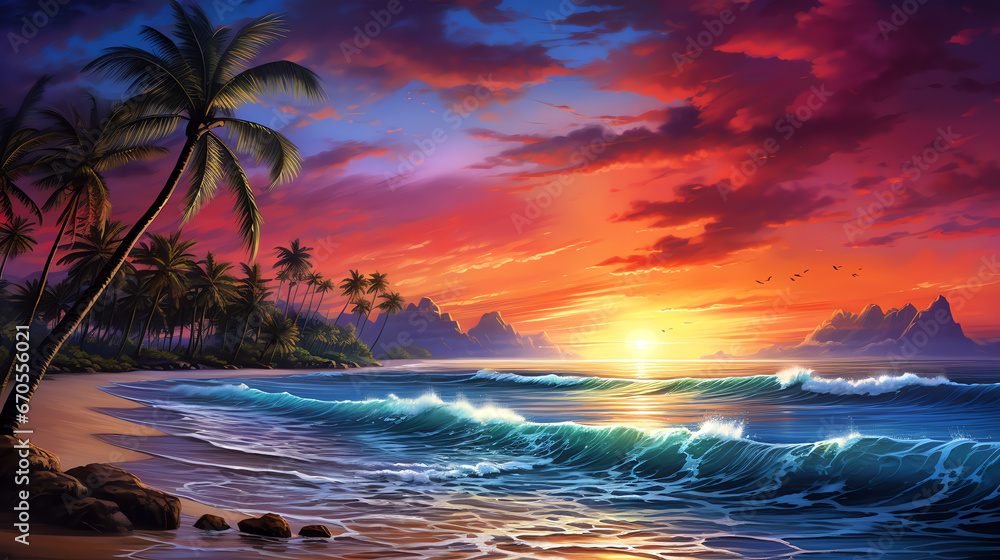 vibrant sunset on a tropical beach with palm trees