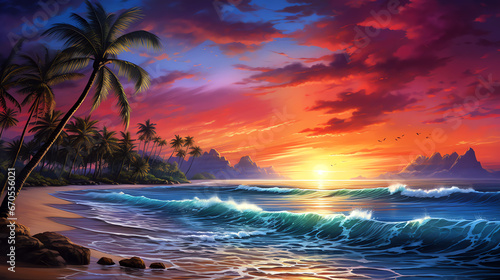 vibrant sunset on a tropical beach with palm trees © mr_marcom