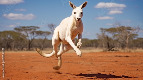 A white kangaroo hopping across an Australian plain, its shadow trailing.