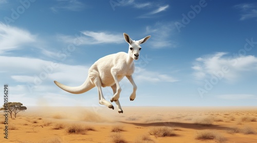 A white kangaroo hopping across an Australian plain, its shadow trailing.