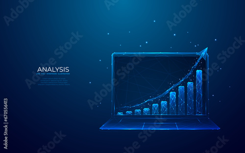 Abstract growth graph chart on a laptop screen on technology blue background. Finance and business analysis concept. Low poly wireframe vector illustration in futuristic hologram blue style.