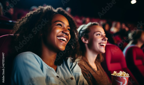 two friends at a cinema watching a film together