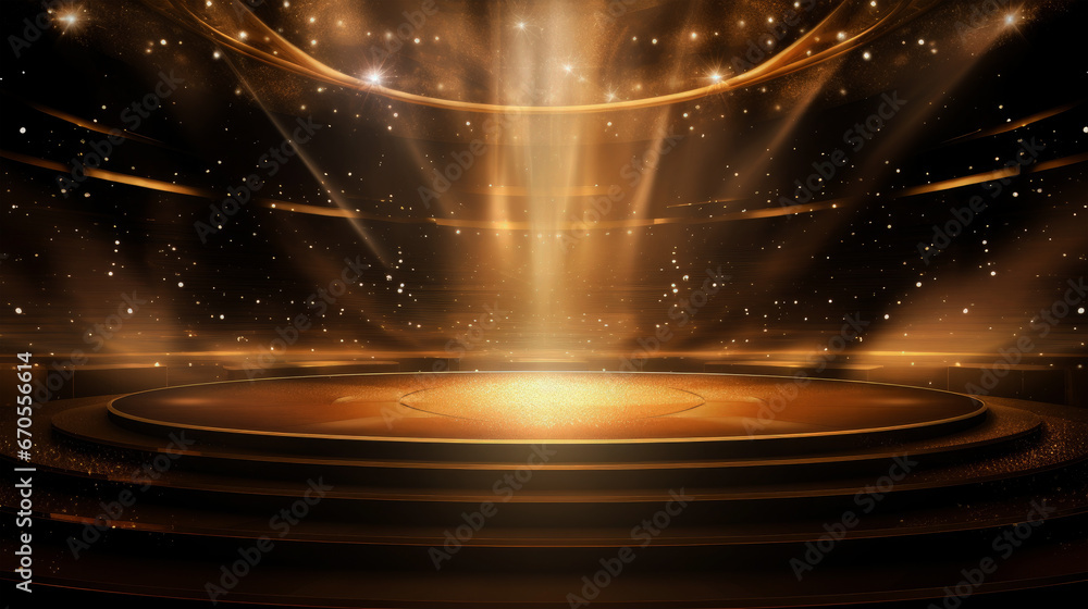 Golden stage as circles with 3d effect background with glitters and spotlights on black background - obrazy, fototapety, plakaty 