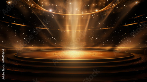 Golden stage as circles with 3d effect background with glitters and spotlights on black background photo