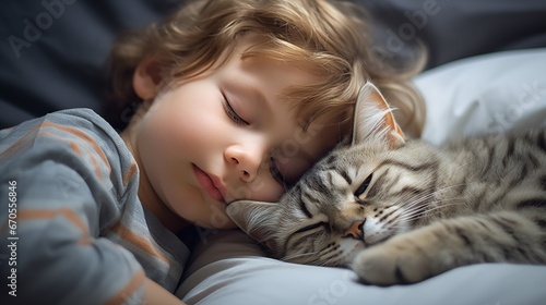 Kleinkind liegt schlafend auf dem Kissen und eine Katze kuschelt sich an