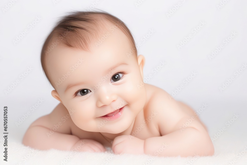 Beautiful sweetheart happy cute smiling baby on light background. Generative AI Beautiful sweetheart happy cute smiling baby on light background. Generative AI