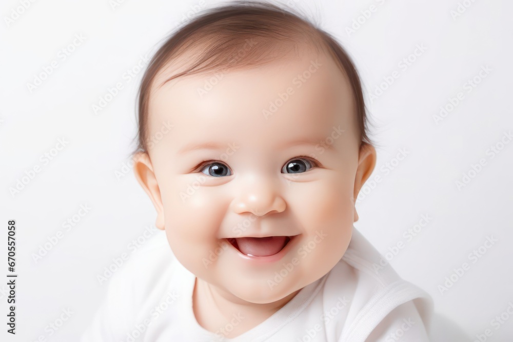 Beautiful sweetheart happy cute smiling baby on light background. Generative AI