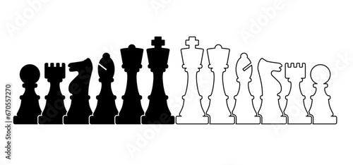 Chess pieces tower horse bishop, king queen Chess Board Setup Vector icon or symbol pieces Flat style the starting positions figures pieces tournament strategy silhouette checker board. Square checker