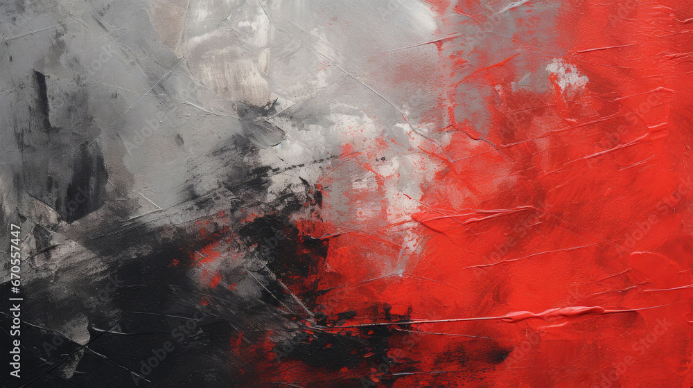 Closeup of abstract rough red, black, grey art painting, with oil brushstroke, pallet knife painting, texture