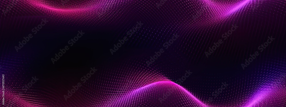 Seamless Pink purple glowing grainy gradient abstract wave on black background, noise texture effect, wide banner design. Color gradient, ombre. Wave, fluid. light wavy line, Template. grain, noise