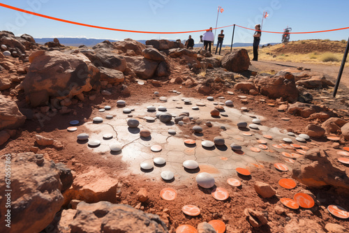 photo of a scientifically recreated meteorite impact site with markers and signs explaining the event. photo