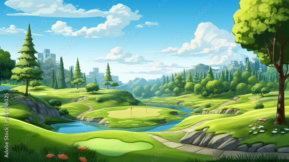 A golf course created in the style of cartoons - obrazy, fototapety, plakaty 