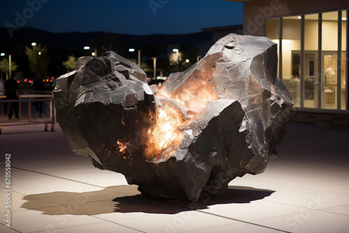 sculpture inspired by the impact of a meteorite, creatively displayed in a public space.