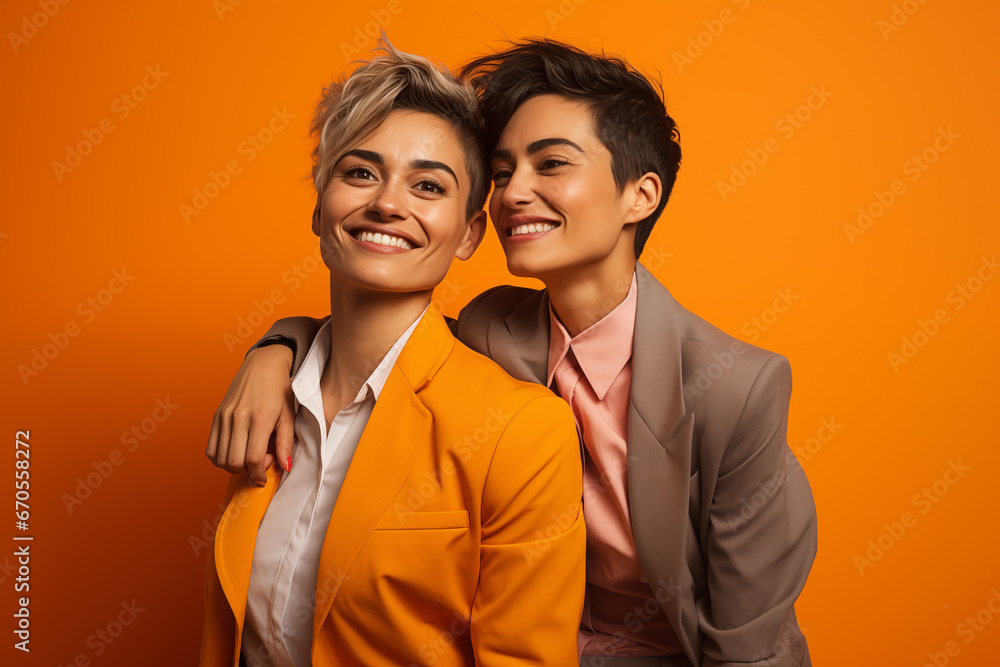Le portrait d'un couple de lesbiennes souriantes, heureuses et amoureuses, amies se serrant dans les bras, sur un fond coloré uni. Le portrait d'un couple de lesbiennes souriantes, heureuses et amoureuses, amies se serrant dans les bras, sur un fond coloré uni.