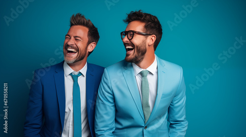 Le portrait de deux amis, collègues de travail, souriants et heureux sur un fond coloré uni bleu.