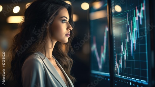 Beautiful businesswoman looking at glowing forex chart on monitor screen, Trade concept.