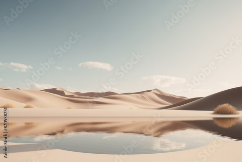Product display on surreal desert background. Podium showcase on sand dunes, water lake. Empty space