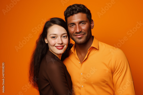 Le portrait d'un jeune couple mixte, souriant, heureux, sur un fond coloré isolé orange.