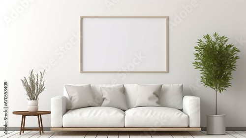 Blank picture frame mockup on white wall. White living room design. 