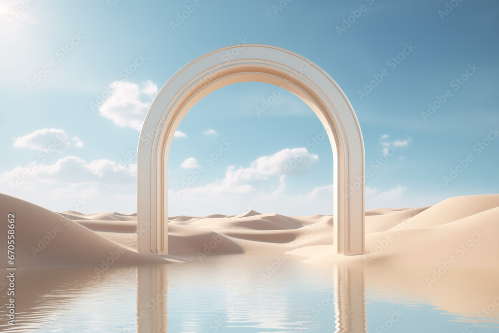 Product display on surreal desert background. Podium showcase on sand dunes, water oasis, beige arch. Empty space