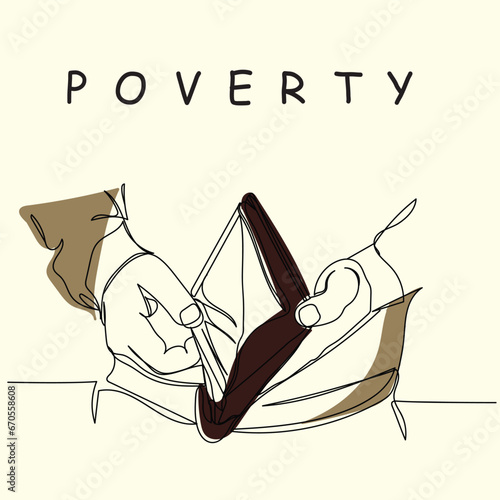 An empty wallet in the hands of young men line art poster. International day of eradication of poverty in october. Global inflation crises. Hunger and poverty concept art vector. Food shortage design