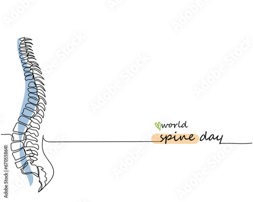 World spine day in october line art. Human spine in one line on a white background. Simple illustration with back bones. The concept of health, strength, musculoskeletal system, spinal discs, diseases