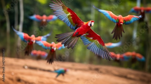 Flock of scarlet and red-and-green macaws flying in Amazonas rainforest in Manu National Park Peru close to chinch clay lick in Tambopata 