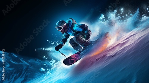  Snowboarder in the mountains riding snowboard, blue light, neon palette © Areesha